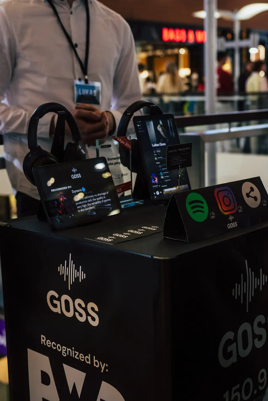 The GOSS stand with headphones and a jingle player